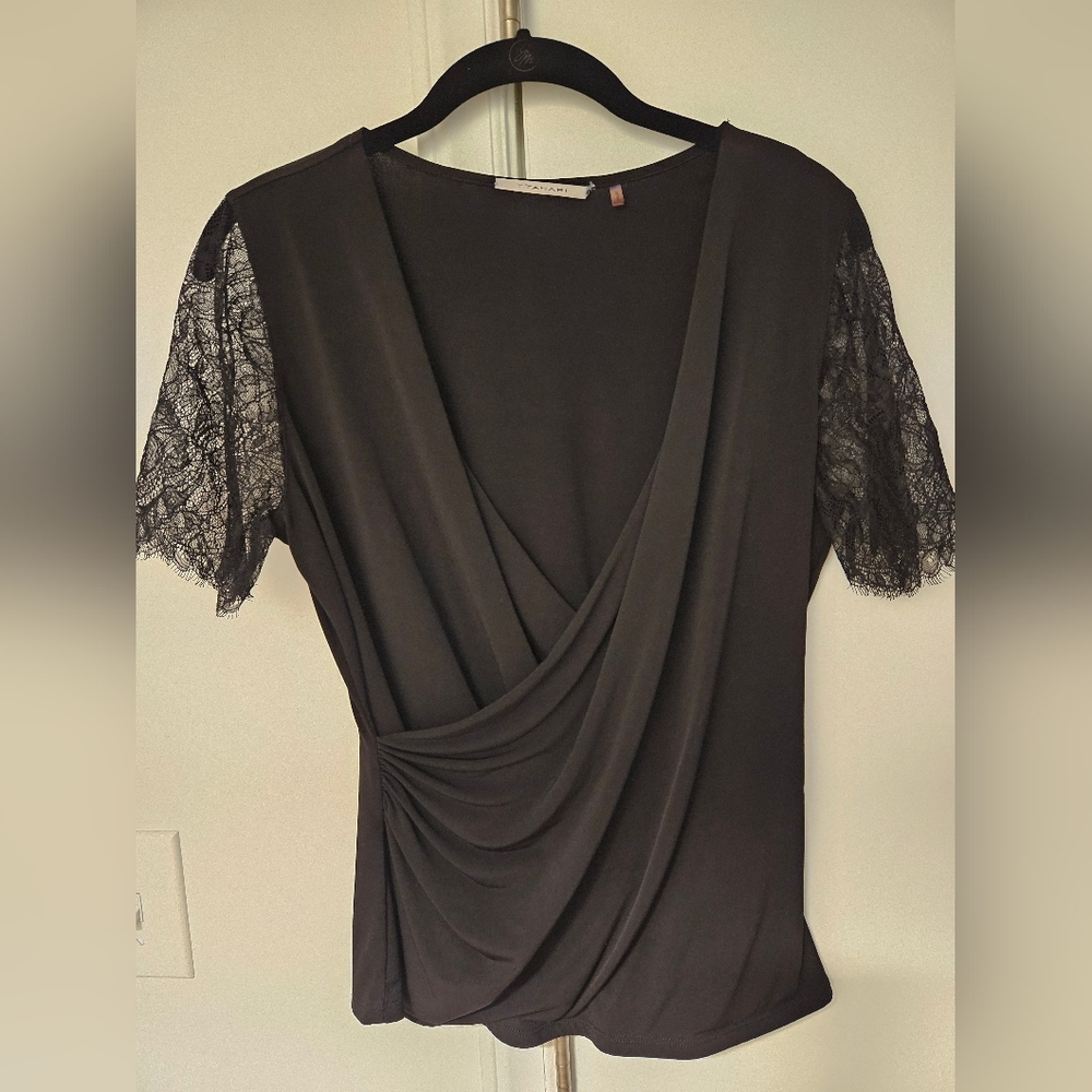 Tahari Black Top with Lace Sleeves